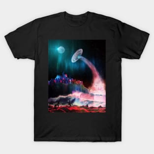 Waves At The Alien Beach As UFO Takes Off Into Space T-Shirt